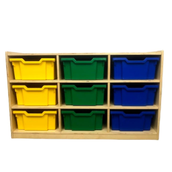 12 cubby storage unit with coloured boxes